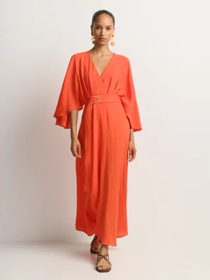 Linen-look Kaftan Sleeve Wrap Dress