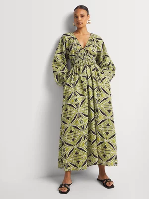 Printed Fit & Flare Ruched Balloon Sleeve Dress