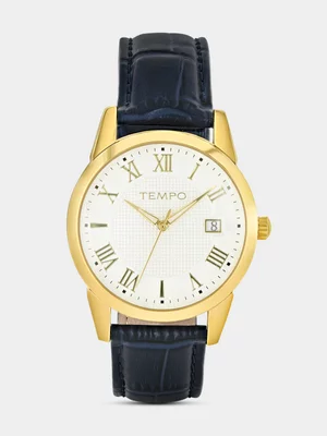 Tempo Gold Plated Silver Tone Dial Blue Leather Watch