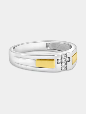 Yellow Gold & Sterling Silver Lab Grown Diamond Cross Ring 