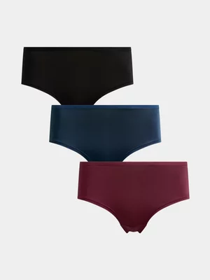 Jet Women's 3 Pack Burgundy, Petrol and Black Microfibre Plain Boyleg