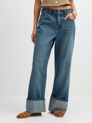Exact Women's Mid Wash Wide-Leg Turn-Up Jeans