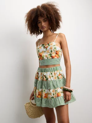 The FIX Women's Green  & White Co-Ord Tiered Mini Skirt