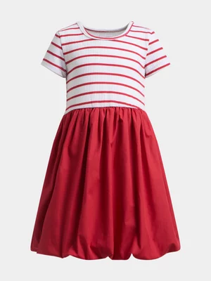 Exact Younger Girl's Red & White Striped Rib Combo Bubble Dress