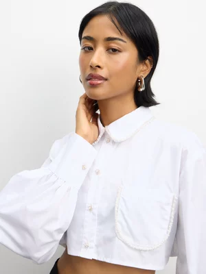The FIX Women's White Poly Cotton Cropped Shirt With Pearl Detail