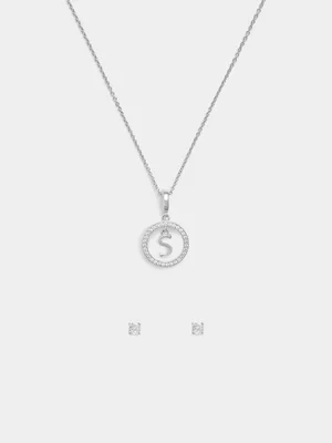 Rhodium Plated Cubic Zirconia Initial S Circle Pendant & Stud Set