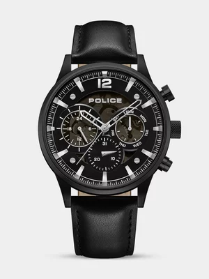 Police Black Driver II Black Plated Grey Dial Black Leather Watch 