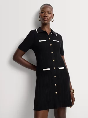 Fit & Flare Tipped Collar Detail Knit Dress