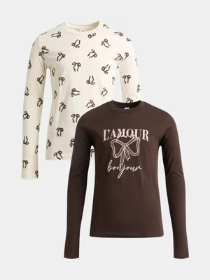 Jet Younger Girls Brown Bows 2 Pack Long Sleeve T-shirts