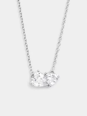 Sterling Silver Cubic Zirconia Two-Stone Heart Necklet  