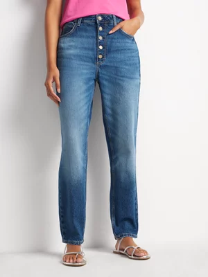 Women's Guess Blue Exposed Button Mom Jeans