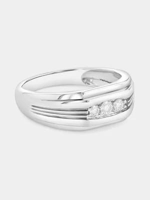 Sterling Silver Moissanite Trilogy Horizontal Grooves Ring 