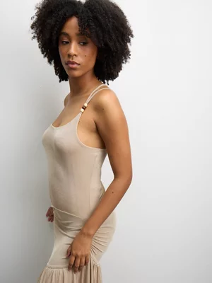 The FIX Women's Brown Slinky Knit One Shoulder Beaded Maxi Dress