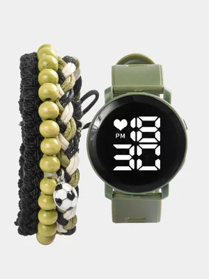 Boy's Fatigue Watch & Beaded Bracelet Set