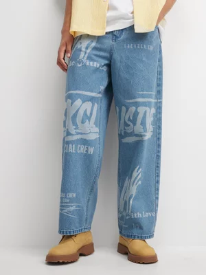 The FIX Men's Light Wash Baggy Printed Jeans 