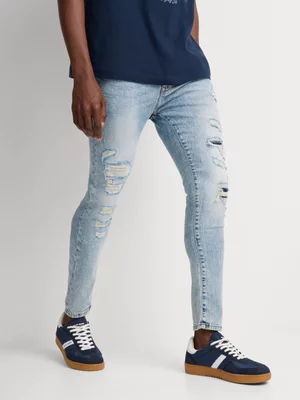 Relay Jeans Men's Skinny Rip & Repair Light Wash Blue Denim