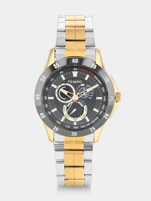 Tempo Gold & Black Plated Black Dial Two-Tone Bracelet Watch 
