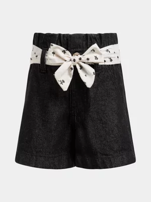 Exact Older Girl's Black Paperbag Belted Denim Shorts