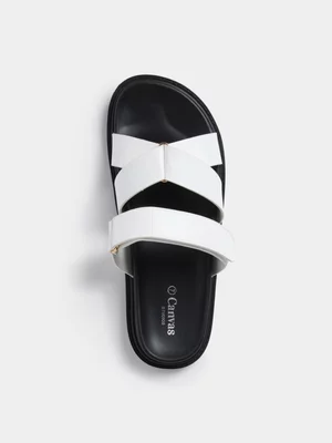 Women's Canvas Chunky Cross Straps Mule White