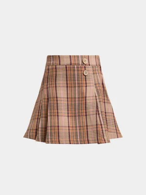 Exact Younger Girl's Brown Checked Pleated Skirt