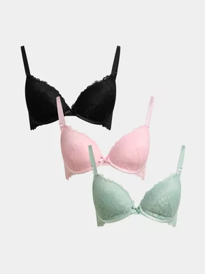 Jet Women's 3 Pack Blush, Sage and Black Lace T-shirt Bra