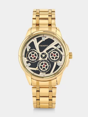 Tempo Gold Plated Black Wheel Dial Bracelet Watch 