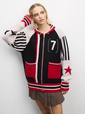 The FIX Women's Black Red Knit Zip Thru Star Oversized Cardigan