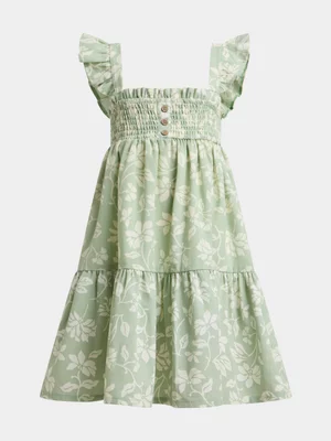 Exact Younger Girl's Green Floral Print Smocked Dress
