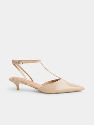 Jet Women's Nude T-Bar  Ankle Tie Kitten Heel