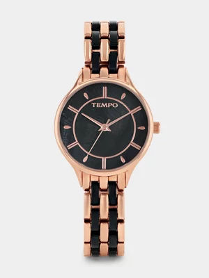 Tempo Rose Plated Black Acetate Black Mother Of Pearl Dial Bracelet Watch