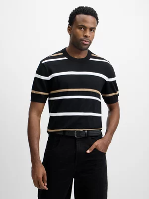Exact Men's Black & White Striped Cotton Knit T-Shirt