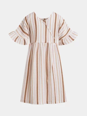 Exact Younger Girl's White & Natural Striped Textured Dress