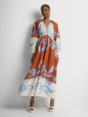 Printed Fit & Flare Ruched Balloon Sleeve Dress