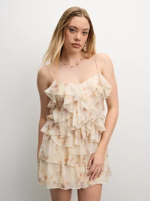 The FIX Women's Stone Chiffon Floral Ruffle Mini Dress