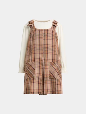Exact Younger Girl's Natural Checked Pinafore & T-Shirt Set