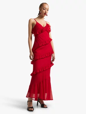 The FIX Women's Red Chiffon Ruffle Maxi Dress