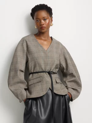 Collarless Cocoon Sleeve Belted Blazer