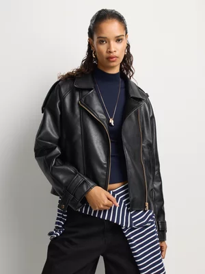 Pleather Raglan Sleeve Belted Biker Jacket