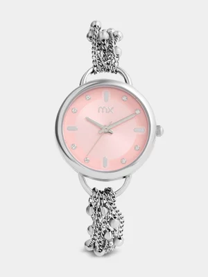MX Silver Plated Pink Dial Multistrand Beaded Chain Bracelet Watch