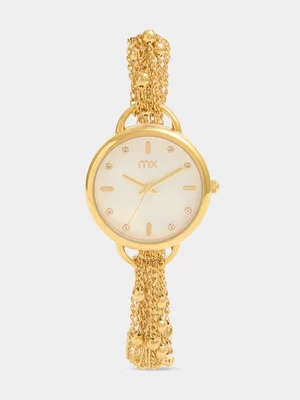 MX Gold Plated White Dial Multistrand Beaded Chain Bracelet Watch 