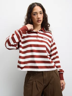 Redbat Women's Crop Polo Oversized Burgundy Top