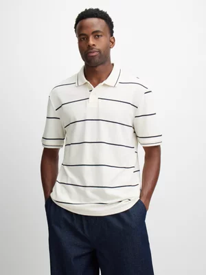 Jet Men's Ecru Navy Engineered Stripe Golfer