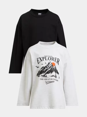 Jet Older Boys 2 Pack Black And Ice Melange Long Sleeve T-shirts