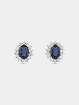 Sterling Silver Blue Sapphire Oval Halo Stud Earrings 