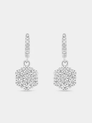 Sterling Silver White Sapphire Flower Drop Earrings 