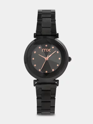 MX Black Plated Black Dial Quartz Look Bracelet Watch 