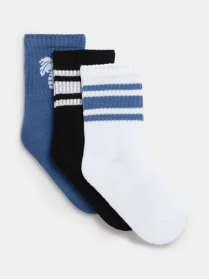 Jet Younger Boys 3 Pack Fashion Blue White Sport Socks