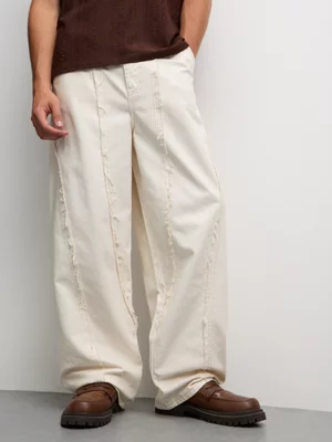 The FIX Men's White 100% Cotton Baggy Frayed Panel Jeans 