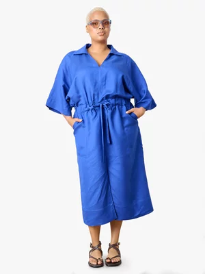 Women's Me&B Blue Cobalt Linen Waisted Dolman Dress
