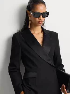 Satin Lapel Asymmetrical Button Tuxedo Blazer